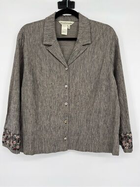 David Brooks Embroidered Floral Linen Blend Button Front Career Blouse Size 16